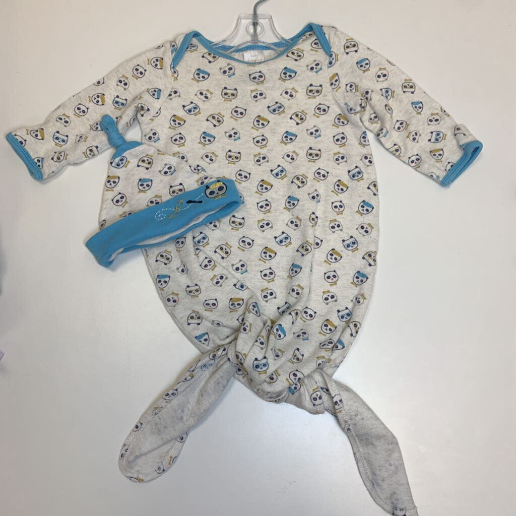 0-6M: Knotted Gown + Cap - Panda Faces