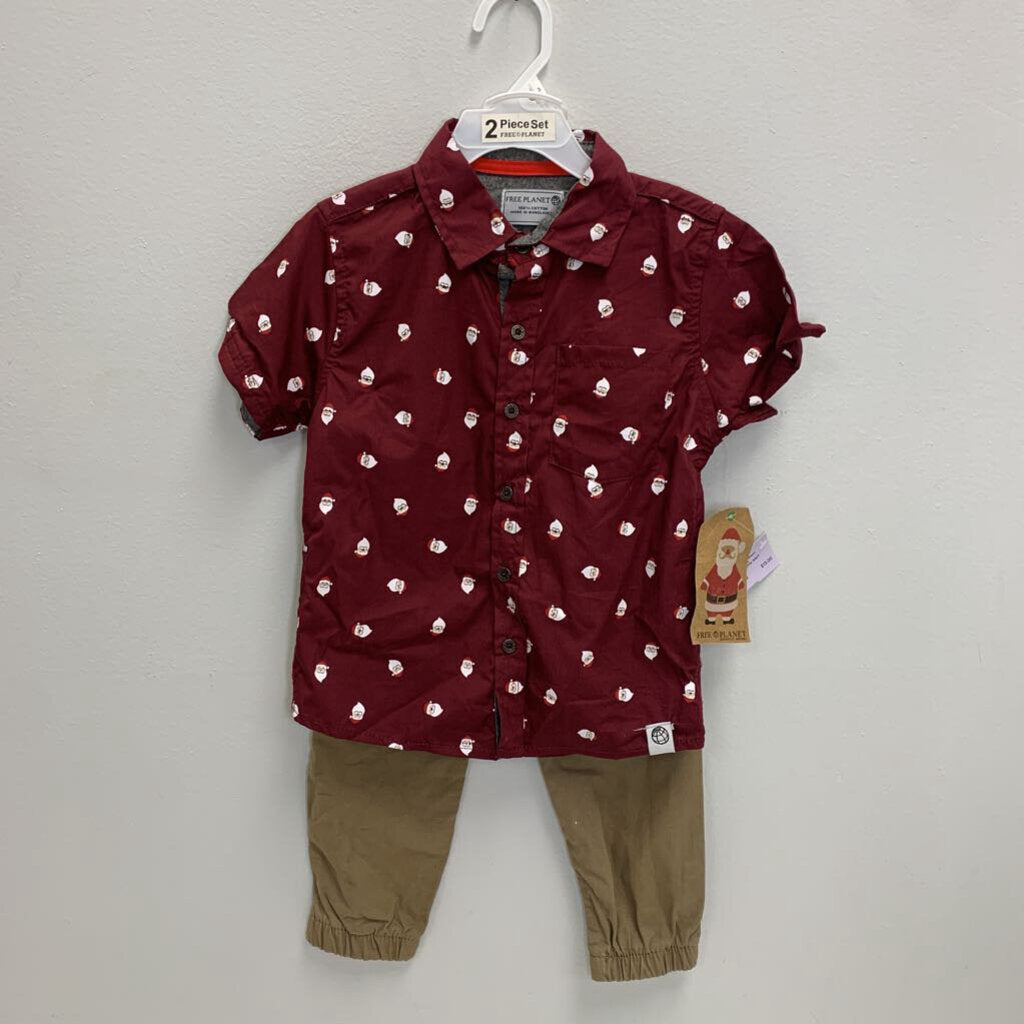 3T: Santa Short Sleeve Button Down + Drawstring Chino Pants NWT