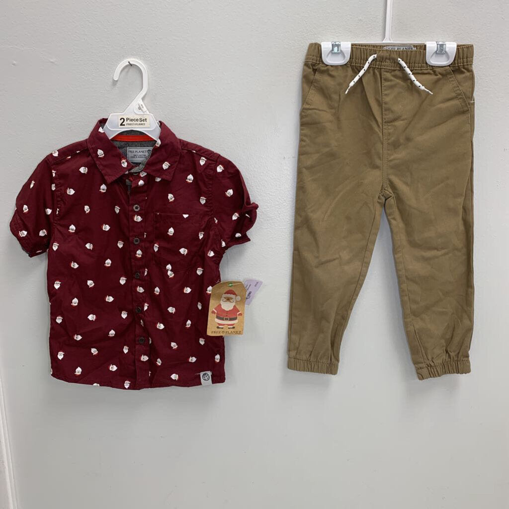 3T: Santa Short Sleeve Button Down + Drawstring Chino Pants NWT