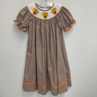 4T: Smocked Embroidered Gingham Dress - Thanksgiving Turkeys