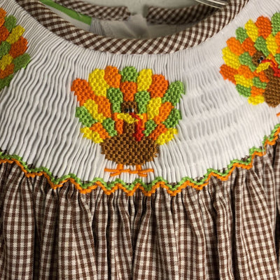 4T: Smocked Embroidered Gingham Dress - Thanksgiving Turkeys
