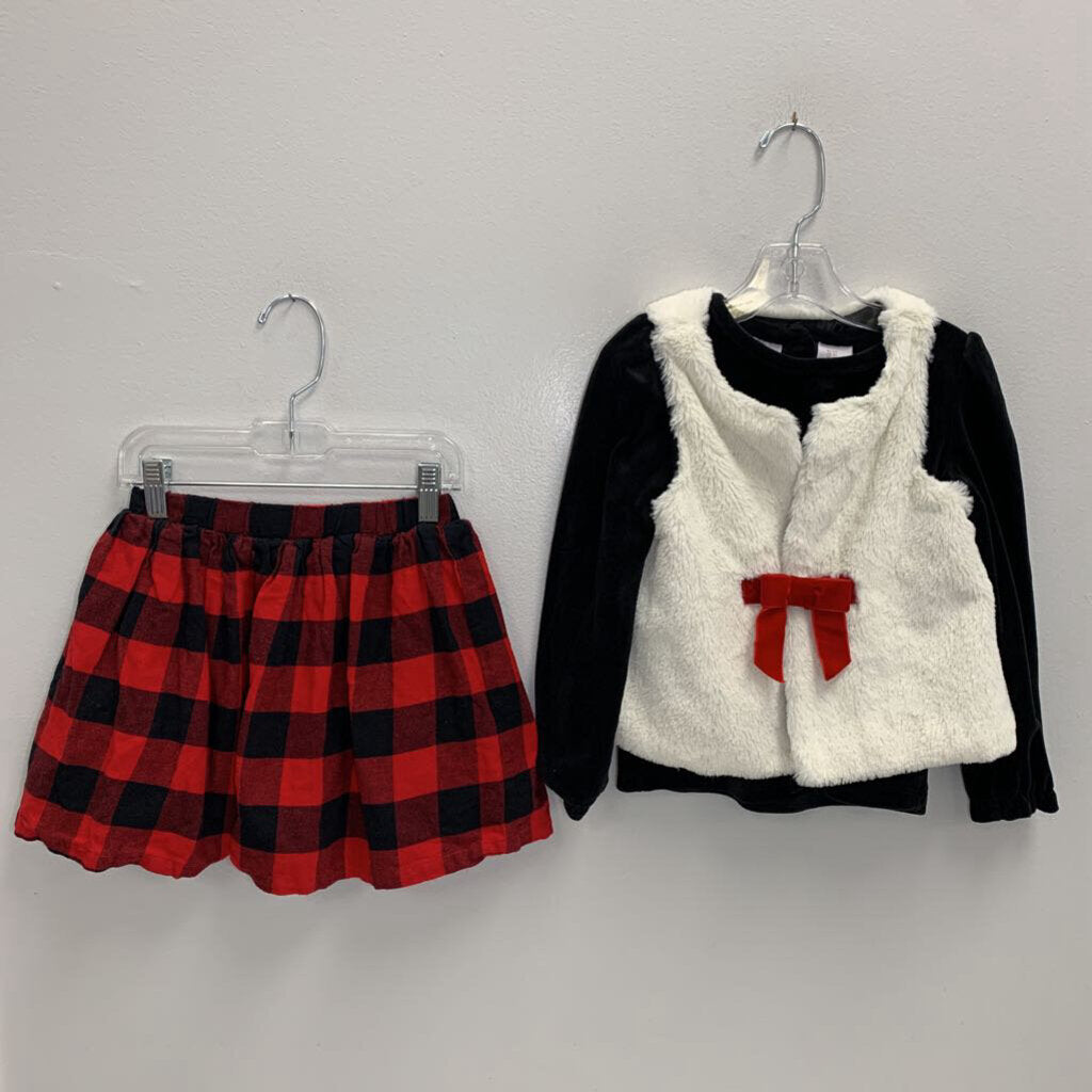 5T: Velvet Top, Plaid Skirt + Faux Fur Vest