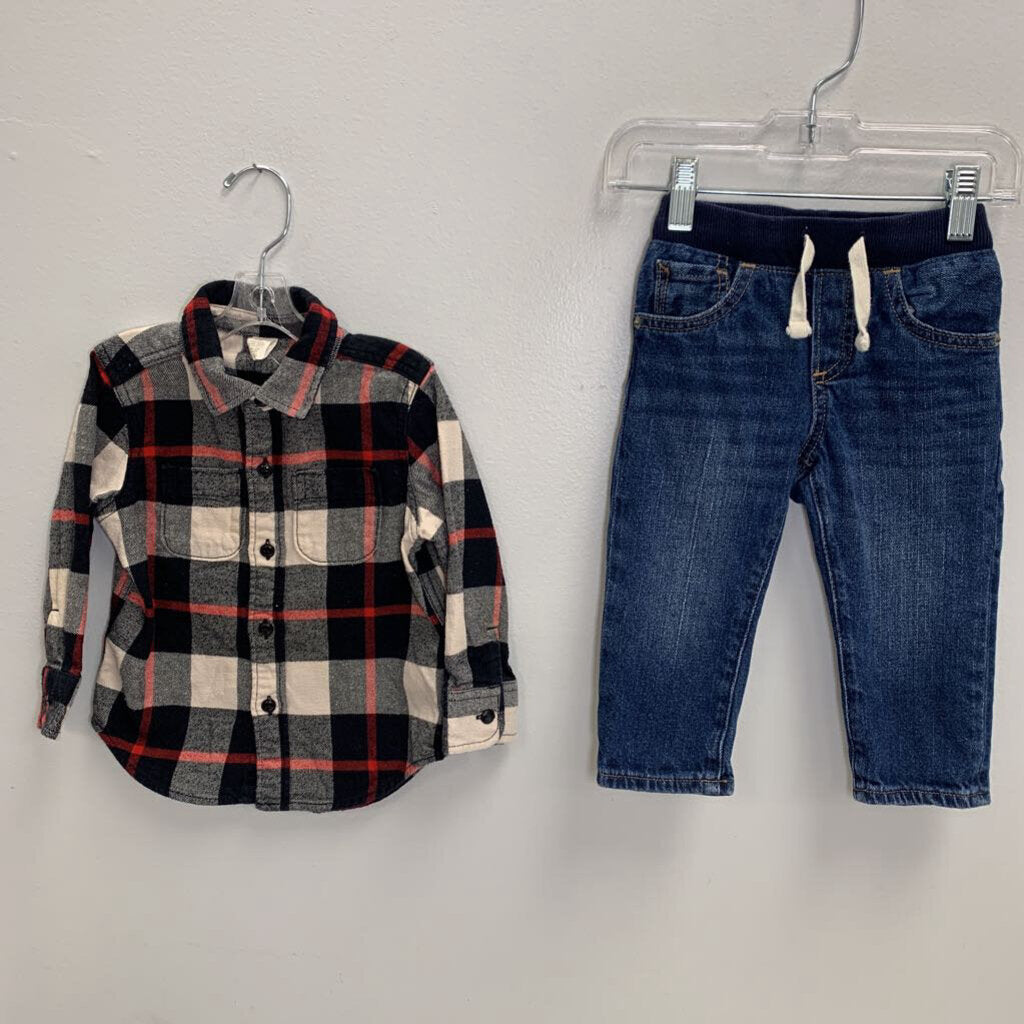 18-24M: Plaid Flannel Shirt + Drawstring Jeans