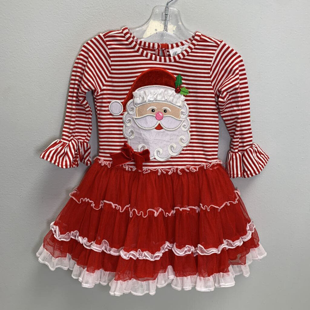 2T: Striped Ruffled Tutu Dress - Santa Applique