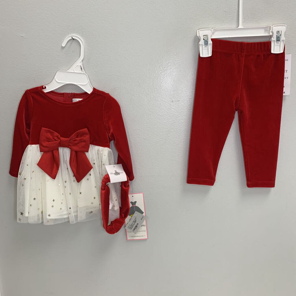 3-6M: Velvet Tulle Dress + Leggings + Headband Bow NWT