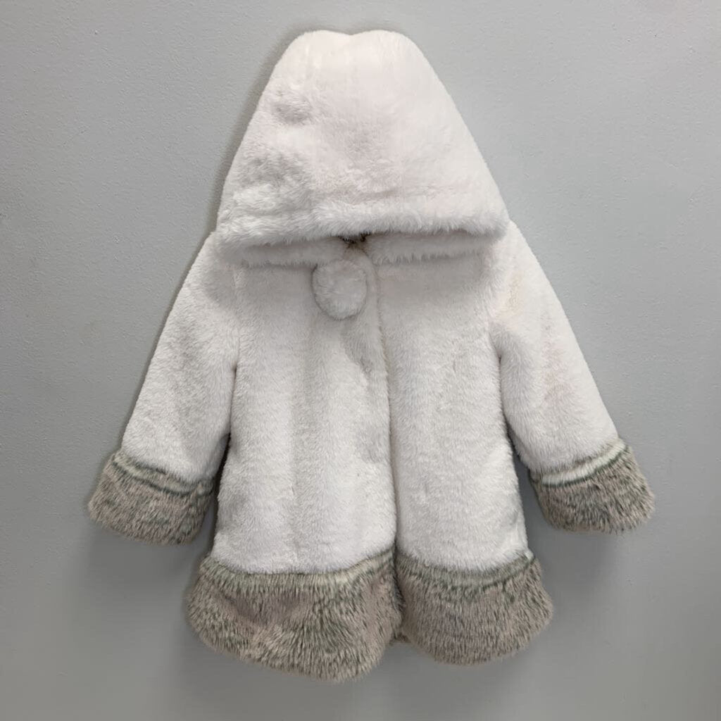 4T: Hooded Pom Pom Faux Fur Coat - Snap Closure