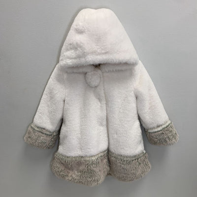 4T: Hooded Pom Pom Faux Fur Coat - Snap Closure