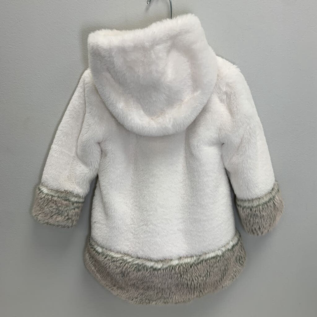 4T: Hooded Pom Pom Faux Fur Coat - Snap Closure