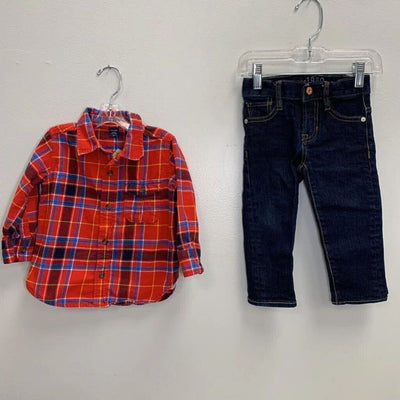 18-24M: Long Sleeve Flannel + Denim - Adjustable Waist