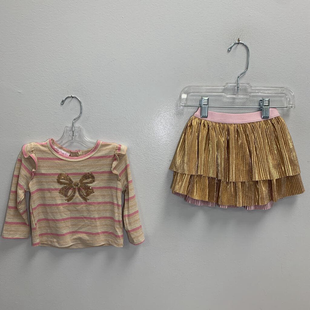 3-6M: Shimmer Sequin Butterfly Top + Metallic Pleat Skirt