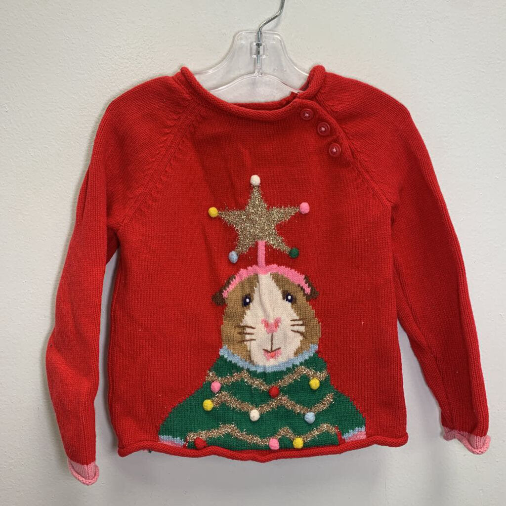 5-6Y: (Measures like 4-5Y) Holiday Sweater - Guinea Pig Christmas Tree Applique