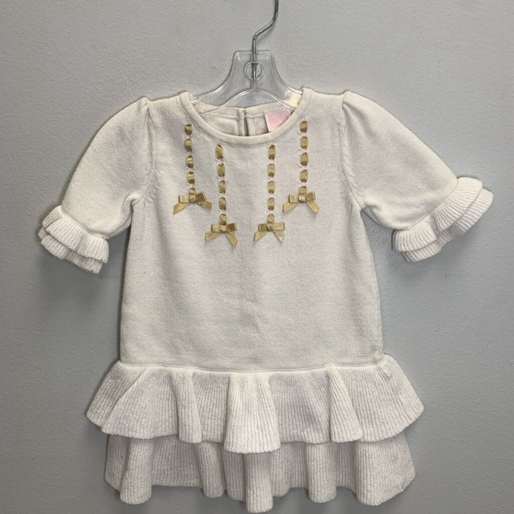 12-18M: Knit Ruffle Dress w/ Gold Bow Accents
