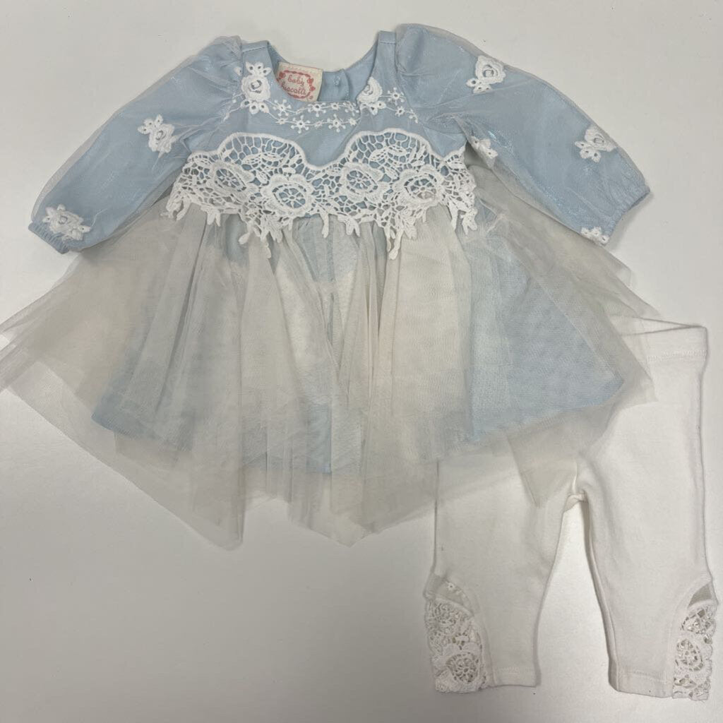 0-3m: Baby Biscoti blue with cream tulle and lace
