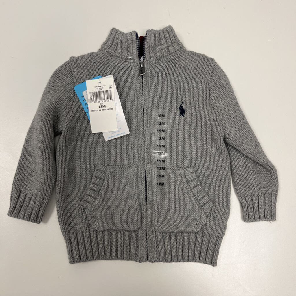 12M: Ralph Lauren grey knit zipper front sweater NWT