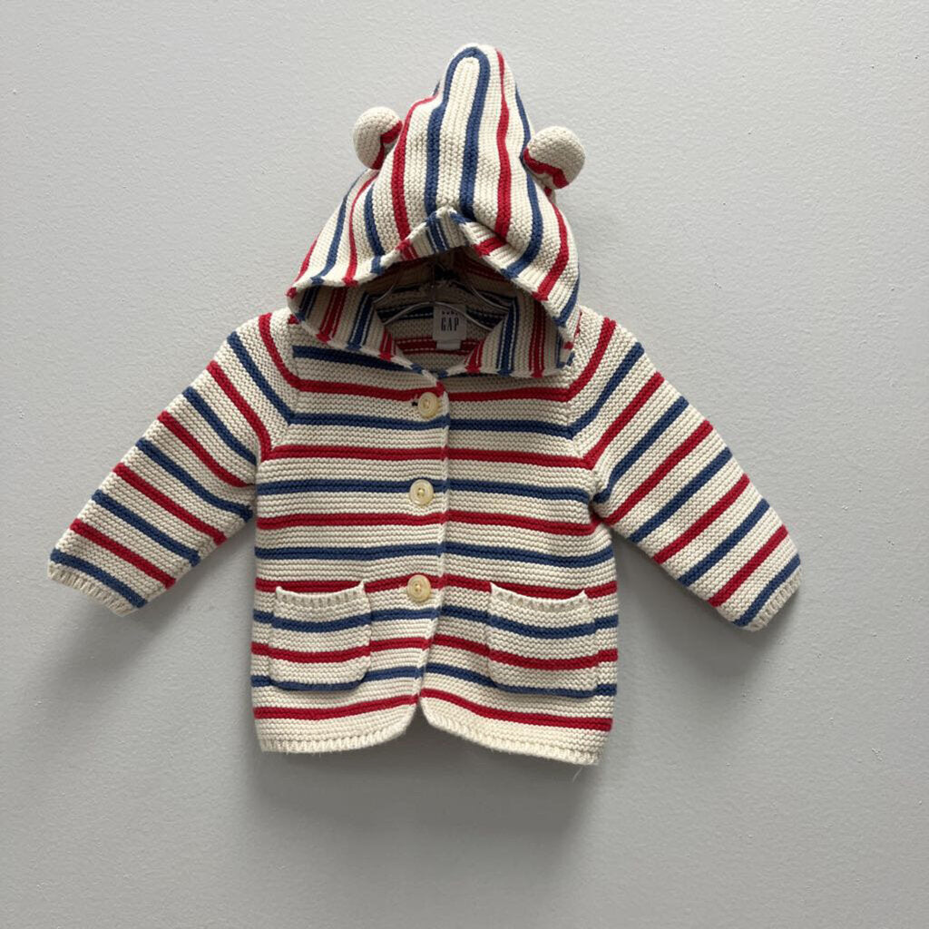 3-6m: Baby Gap cream red & blue hooded cardigan