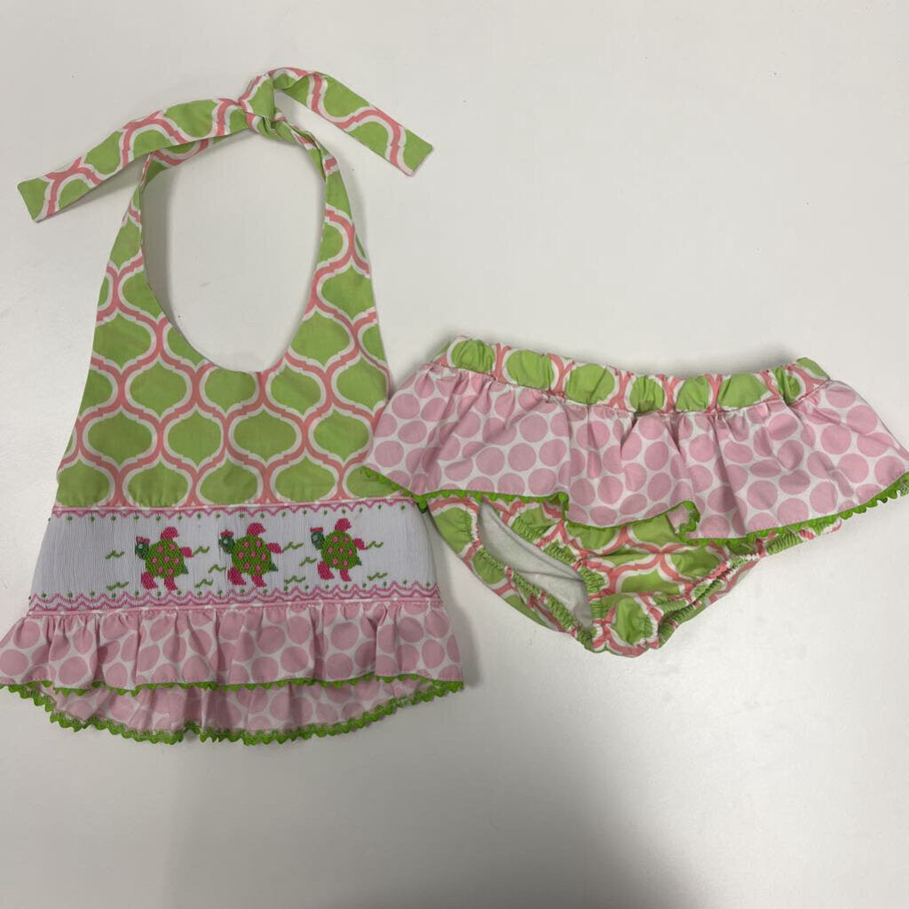 5: Shrimp & Grits Kids pink/green w/embroidered turtles 2pc