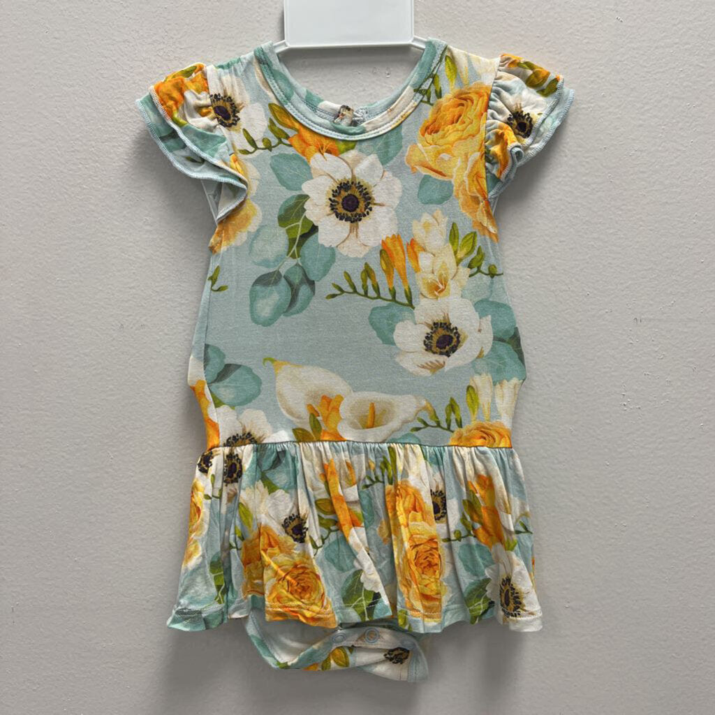6-12M: Little Bum Bums Orange/Blue Floral Skirted Bodysuit