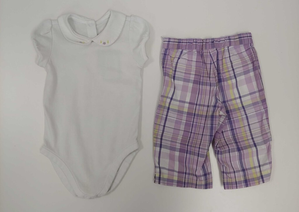 18-24m: Janie and JAck two piece white polo with purple plaid pants